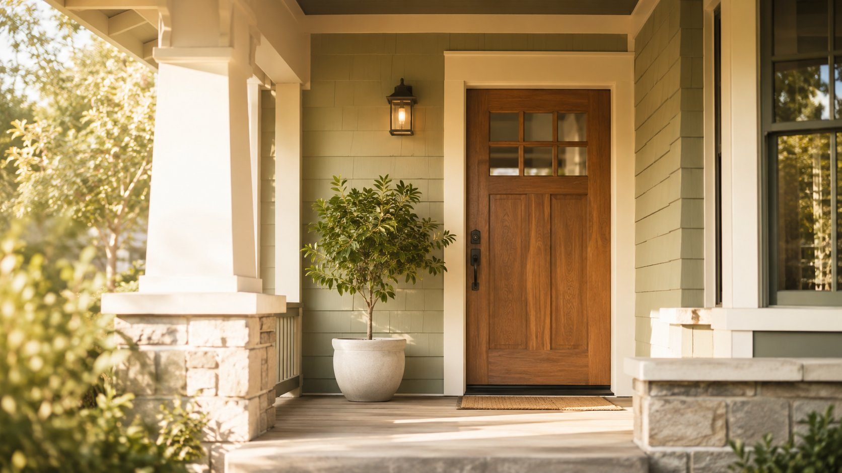 A warm, sunlit craftsman front door and porch